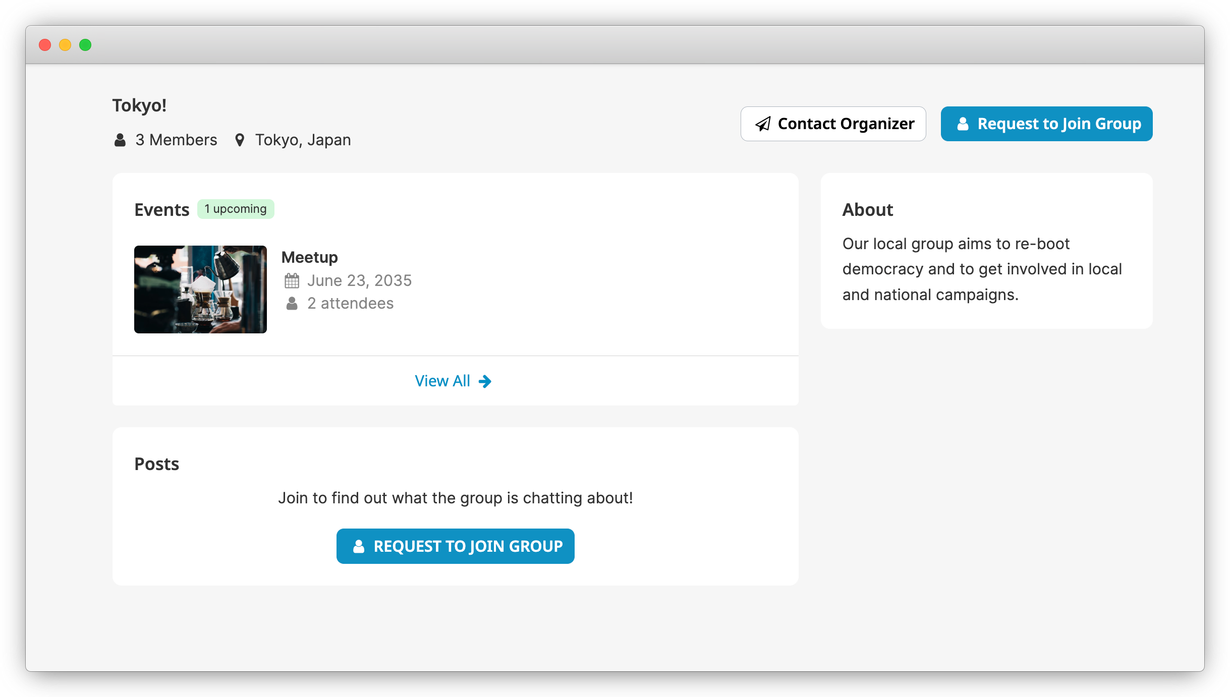 A closed group shows 'Request to Join' buttons